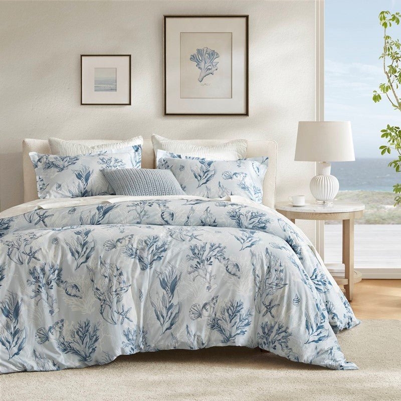 Duvet Cover Set: Navy Botanical Print, White Leaf Pattern