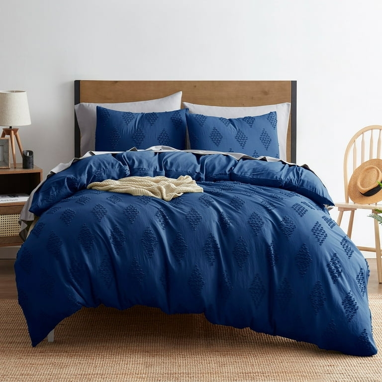 Duvet Cover Set Navy Geometric Embroidery Tufted Boho Bedroom Idea