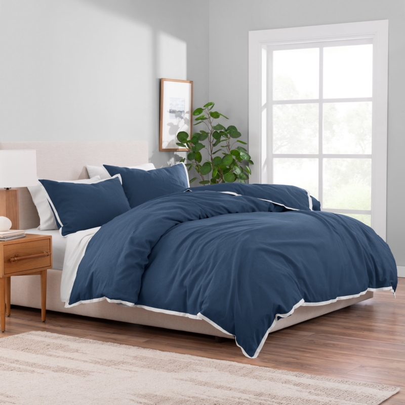 Duvet Cover Set, Navy Linen Texture, Modern Organic Style, Button Closure