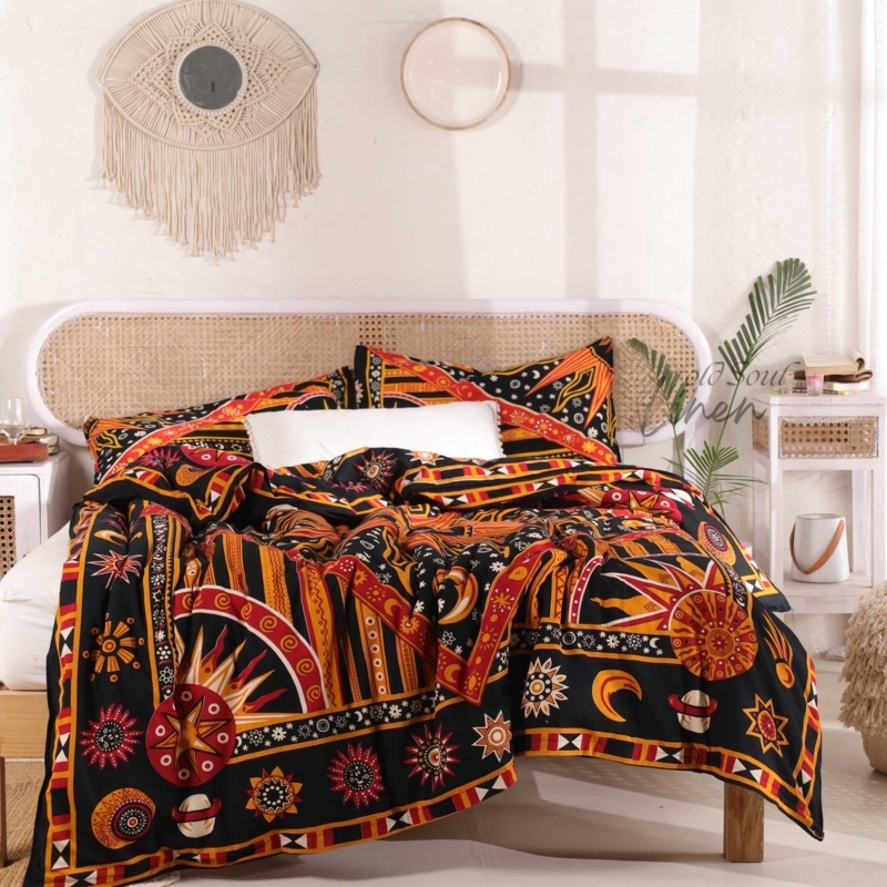 Duvet Cover Set Navy White Sun Mandala Matte Rustic Celestial Bedding