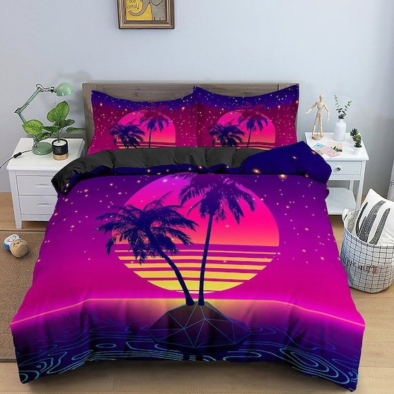 Duvet Cover Set: Neon Sunset Graphic Vaporwave Aesthetic