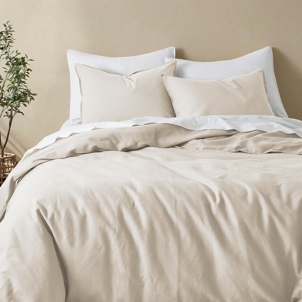 Duvet Cover Set Oatmeal Linen Look Crinkled Finish Scandinavian