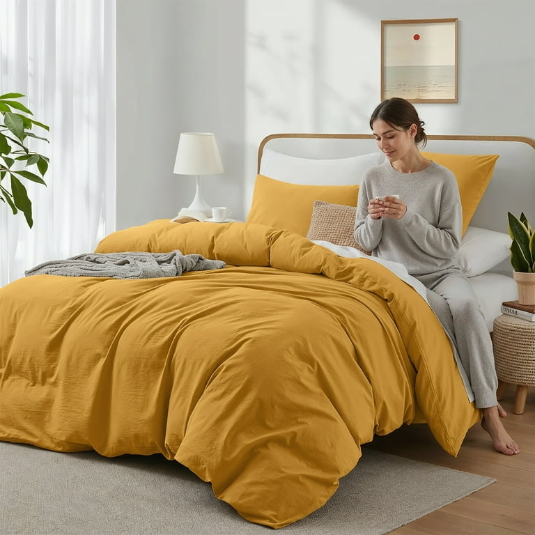 Duvet Cover Set Ochre Microfiber Visible Button Closure Organic