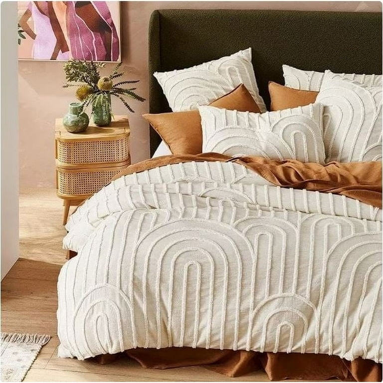 Duvet Cover Set Off-White Hand Tufted, Shaggy Fringe Cotton Bedding Set