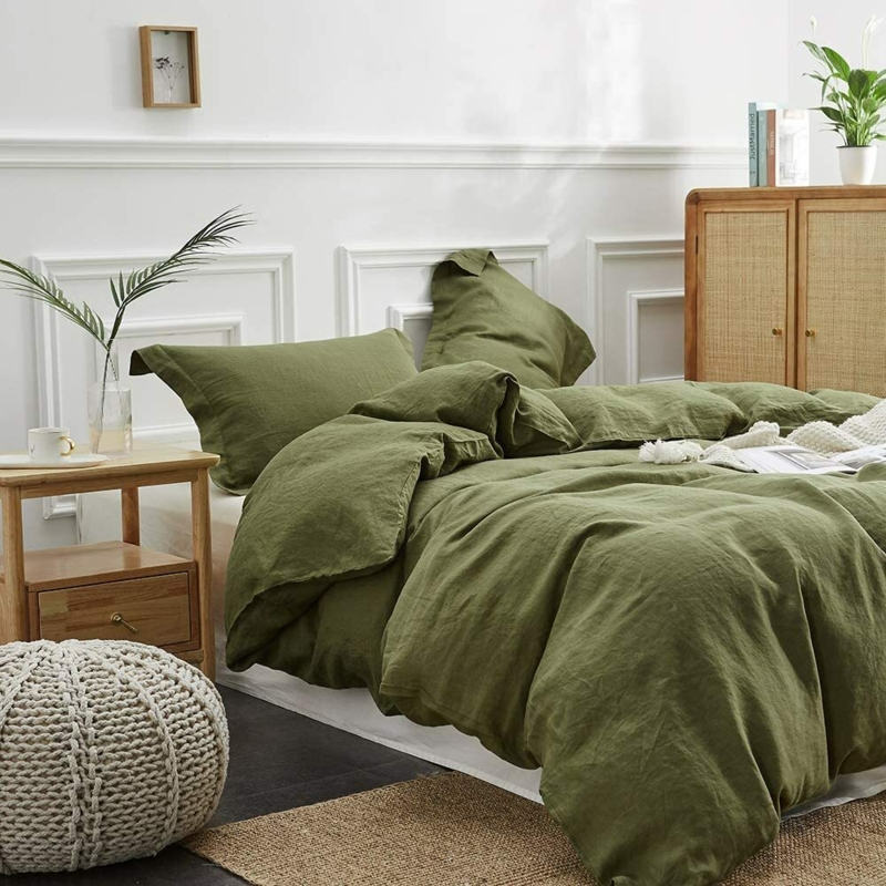 Duvet Cover Set Olive Green Stonewashed Linen Matte Finish