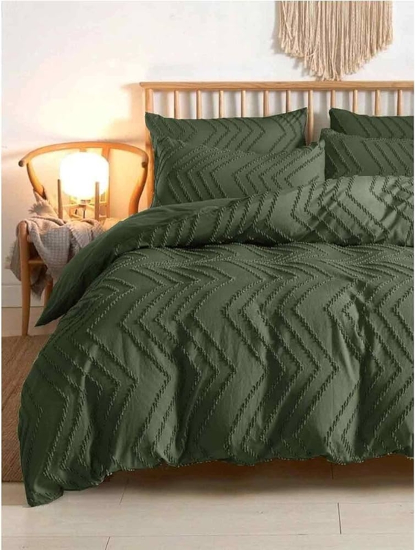 Duvet Cover Set Olive Green Tufted Geometric Boho Embroidery