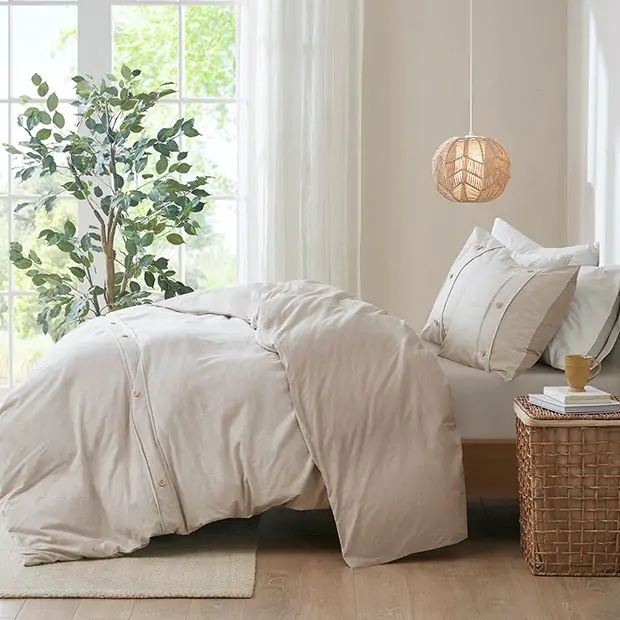 Duvet Cover Set Organic Cotton Natural Button Placket Farmhouse Style