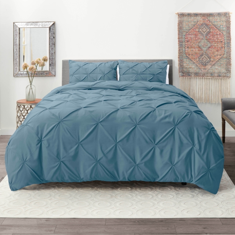 Duvet Cover Set Pale Blue Pinch Pleat Geometric Texture Coastal