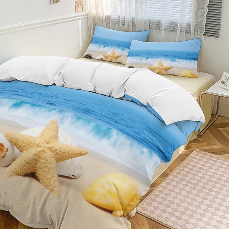 Duvet Cover Set: Photographic Beach Graphic, Starfish Detail, Turquoise.
