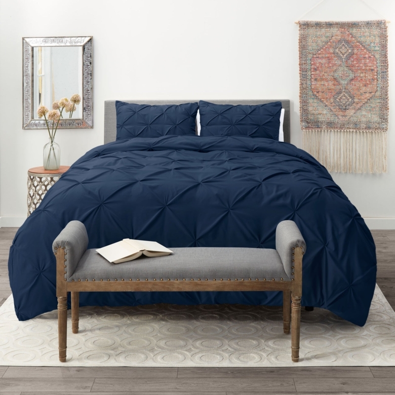 Duvet Cover Set Pinch Pleated Navy Blue Texture Contemporary Style