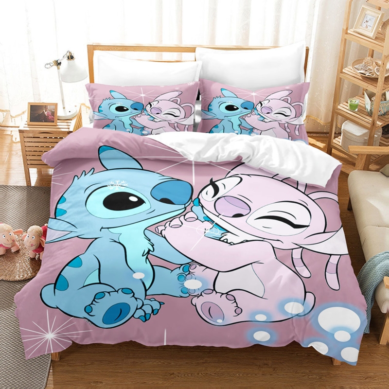 Duvet Cover Set Pink Blue Character Print Floral Heart Motifs Whimsical