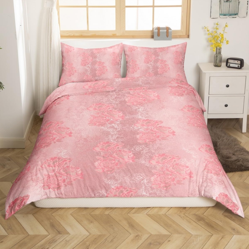 Duvet Cover Set Pink Ornate Damask Print Vintage Traditional Style