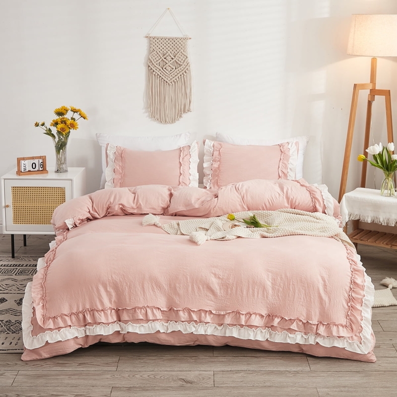 Duvet Cover Set: Pink Ruffled Washed Cotton, Shabby Chic Style
