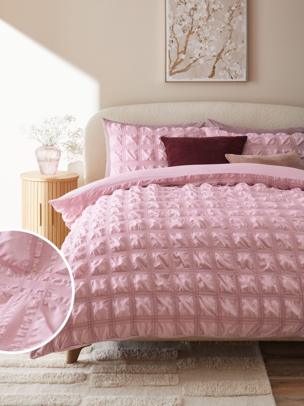 Duvet Cover Set: Pink Seersucker Texture, Puckered Fabric Modern