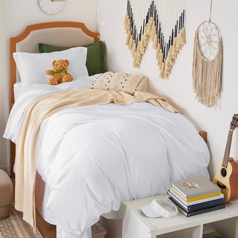 Duvet Cover Set Prewashed Crinkle Texture Monochromatic White Airy