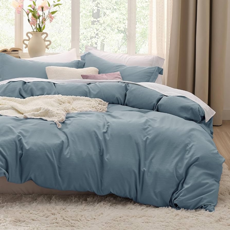 Duvet Cover Set: Prewashed Linen-Like Texture, Mineral Blue Hue.