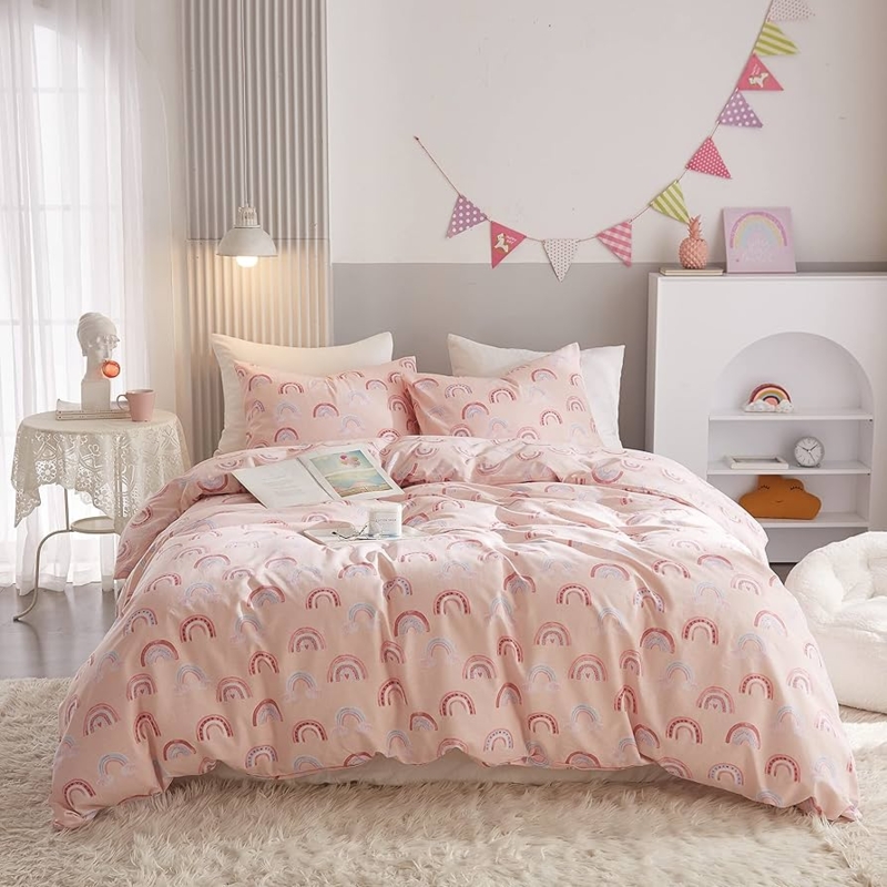 Duvet Cover Set Rainbow Cartoon Print Pink Pastel Kawaii Kids