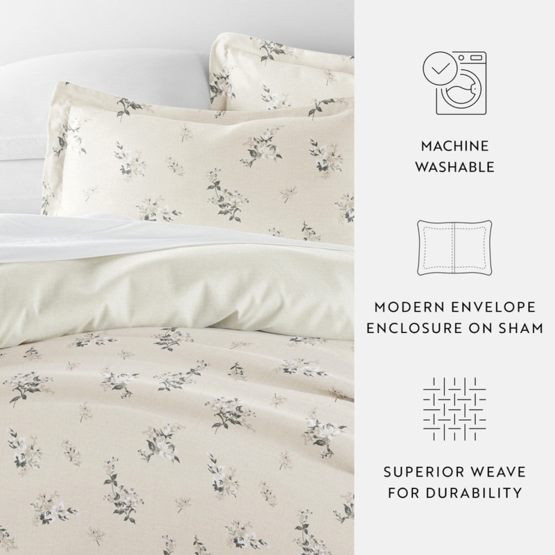 Duvet Cover Set Reversible Ivory and Teal Delicate Botanical Print
