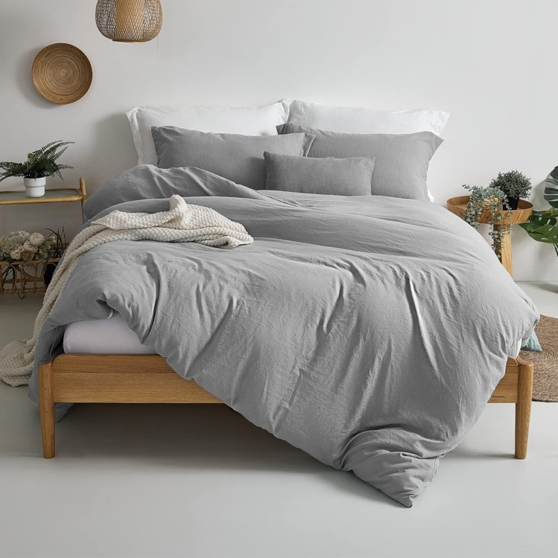 Duvet Cover Set, Reversible Light Gray, Washed Microfiber Texture, Minimalist Gray Bedding