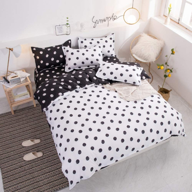 Duvet Cover Set Reversible Pattern Black And White Polka Dot Bedding