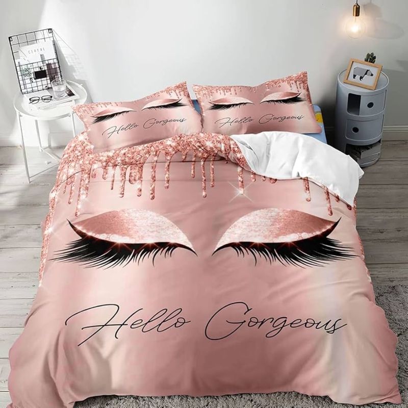 Duvet Cover Set Reversible Rose Gold Glitter Eyelash Graphic Glam Pink