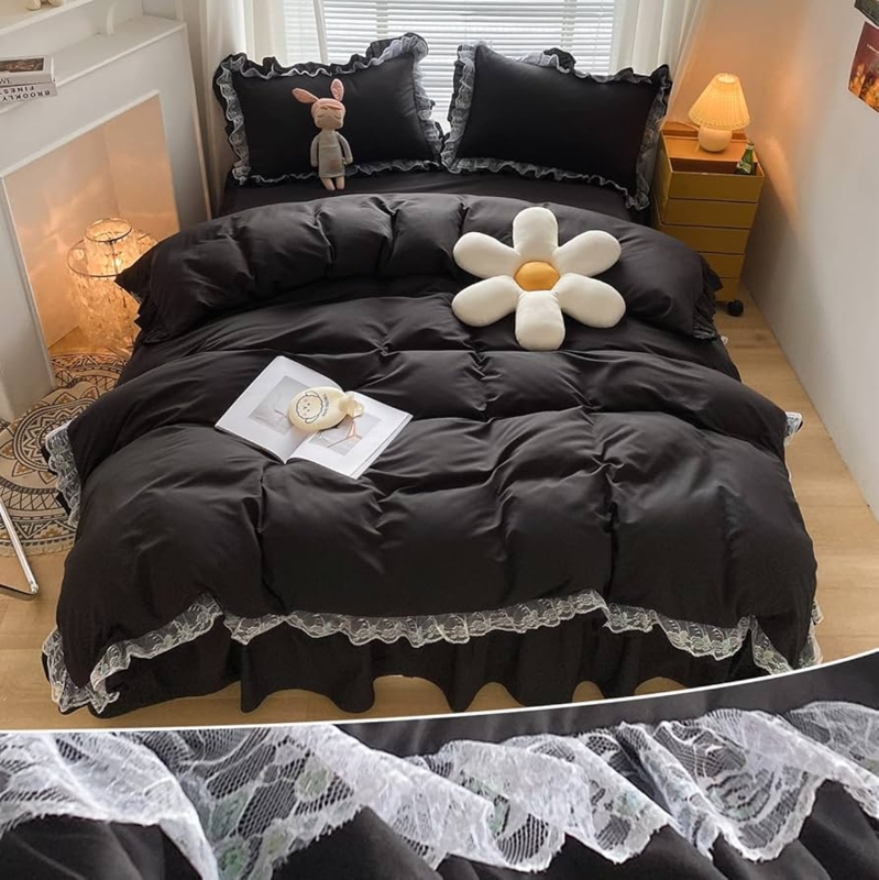 Duvet Cover Set: Ruffled Lace Trim, Jet Black Romantic Glam Style.