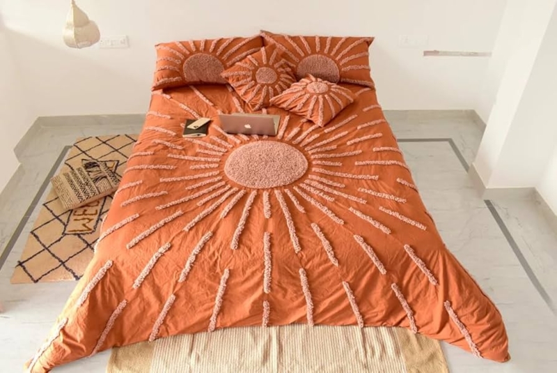 Duvet Cover Set Rust Geometric Tufting, Earthy Bohemian Bedroom Bedding