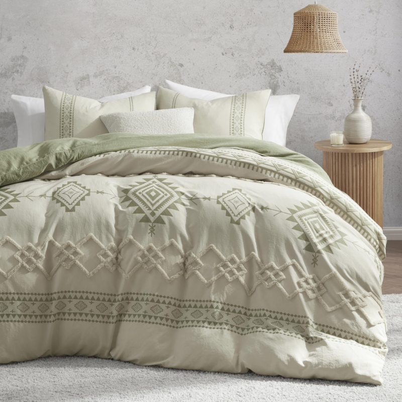 Duvet Cover Set Sage Green Beige Color Block Microfiber Minimalist Style