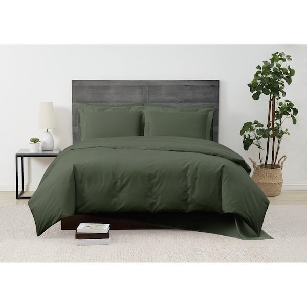 Duvet Cover Set, Sage Green Cotton Percale, Mid Century Modern Styling.