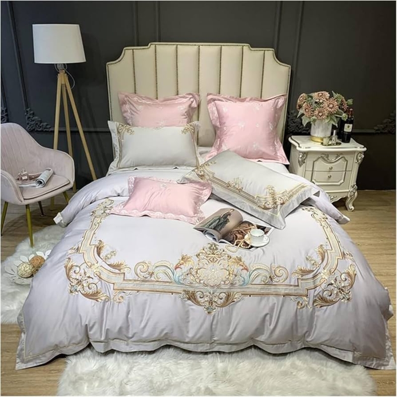 Duvet Cover Set Sage Green Embroidery Ribbon Ties Luxury Bedroom