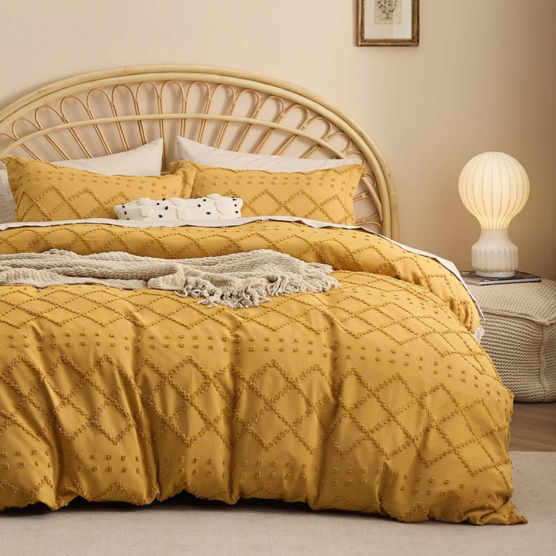 Duvet Cover Set Sage Green Geometric Tufts Matte Farmhouse Chic Bedding