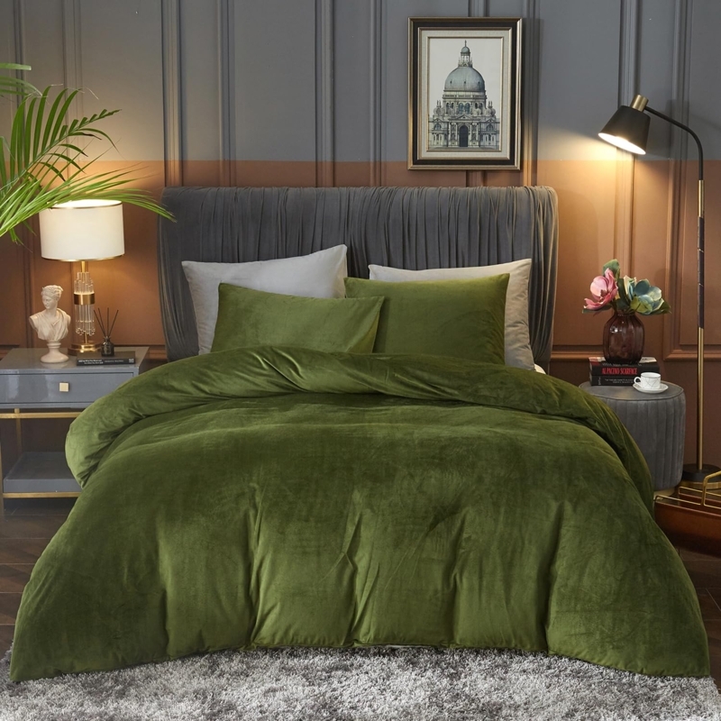 Duvet Cover Set Sage Green Velvet Cozy Organic Modern Bedroom