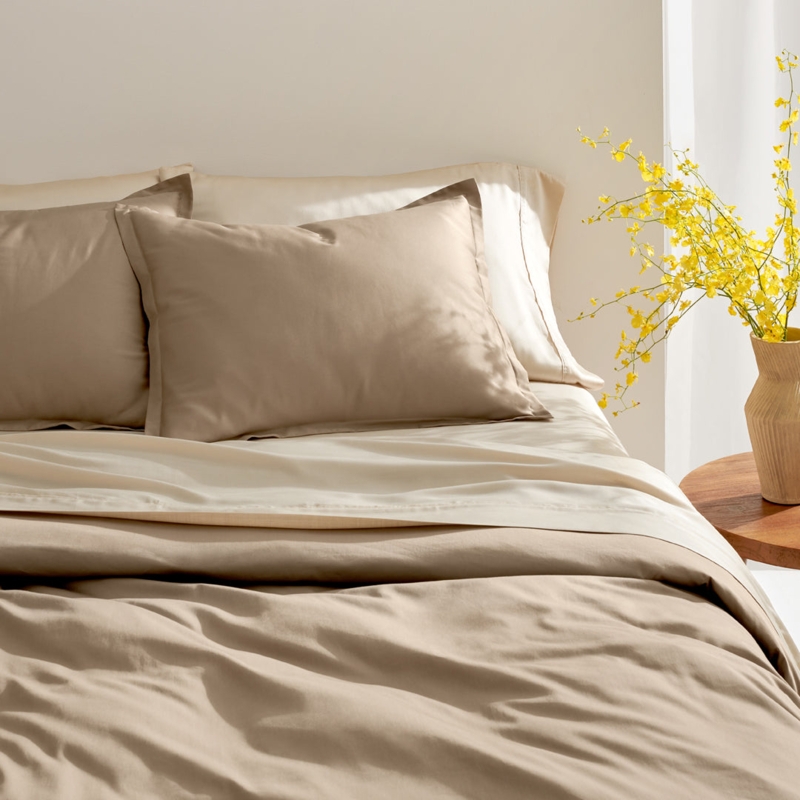Duvet Cover Set Sateen Like Sand Beige Flanged Edges Organic Modern