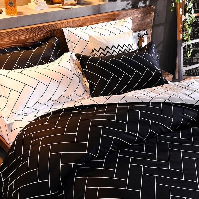 Duvet Cover Set Scandinavian Grid Pattern Black Modern