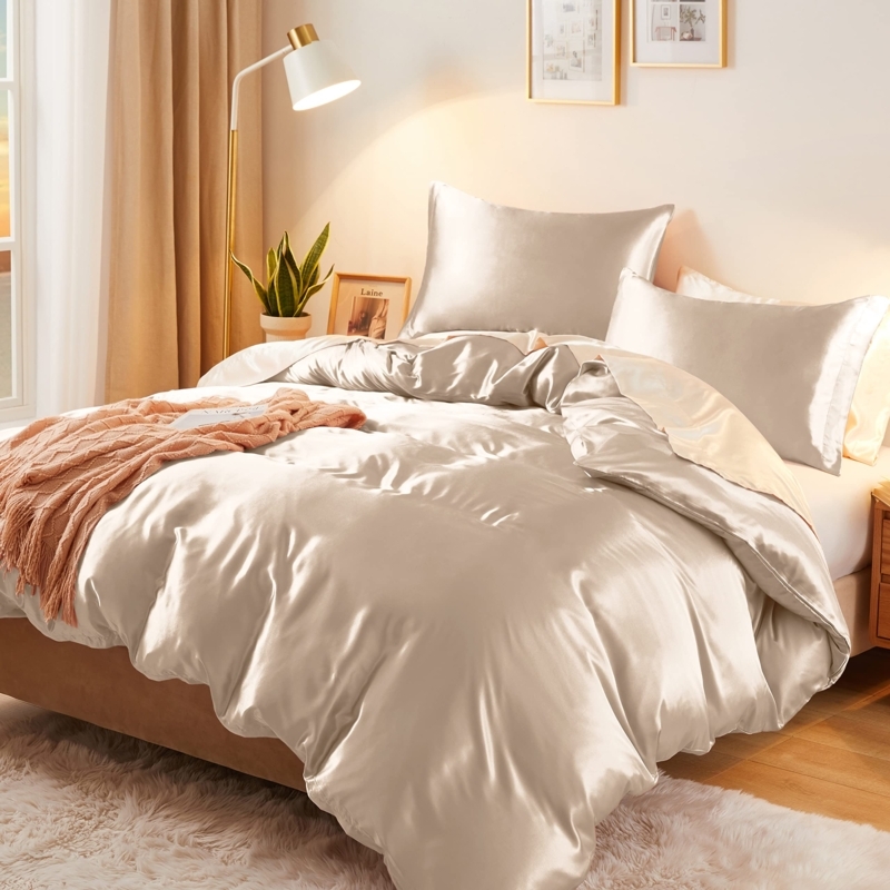 Duvet Cover Set Silky Satin Champagne Beige High Sheen Luxurious