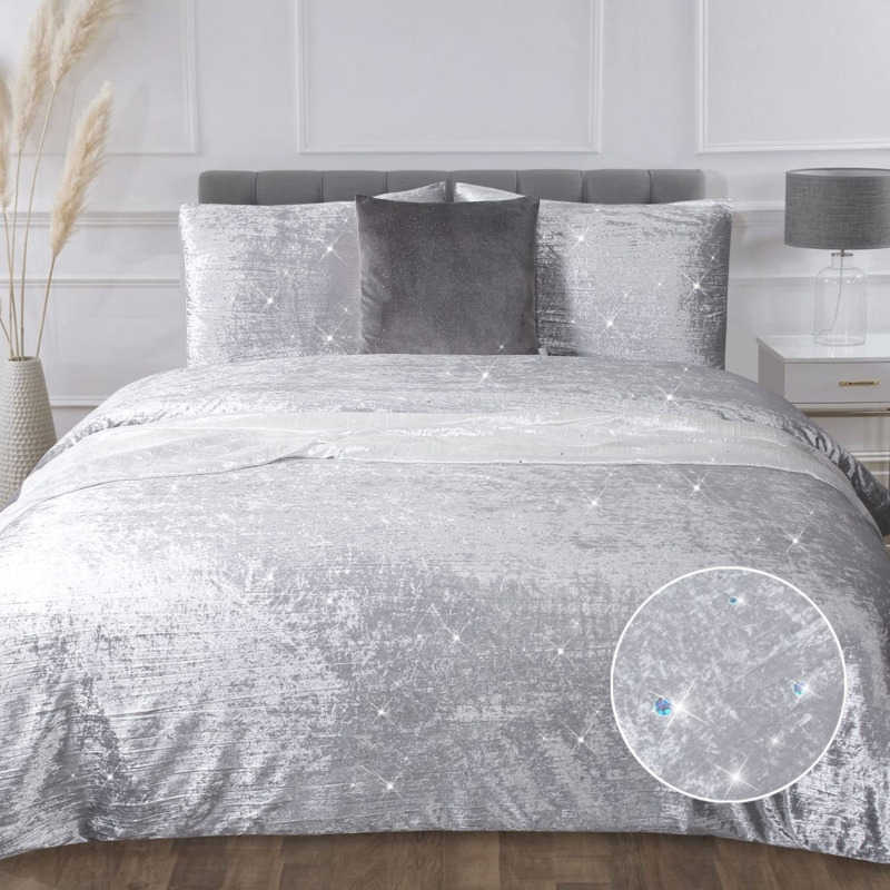 Duvet Cover Set Silver Crushed Velvet Sequin Crinkled Texture Glam