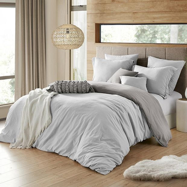 Duvet Cover Set, Silver Gray Palette, Reversible, Prewashed Microfiber, Reversible Bedding Styling