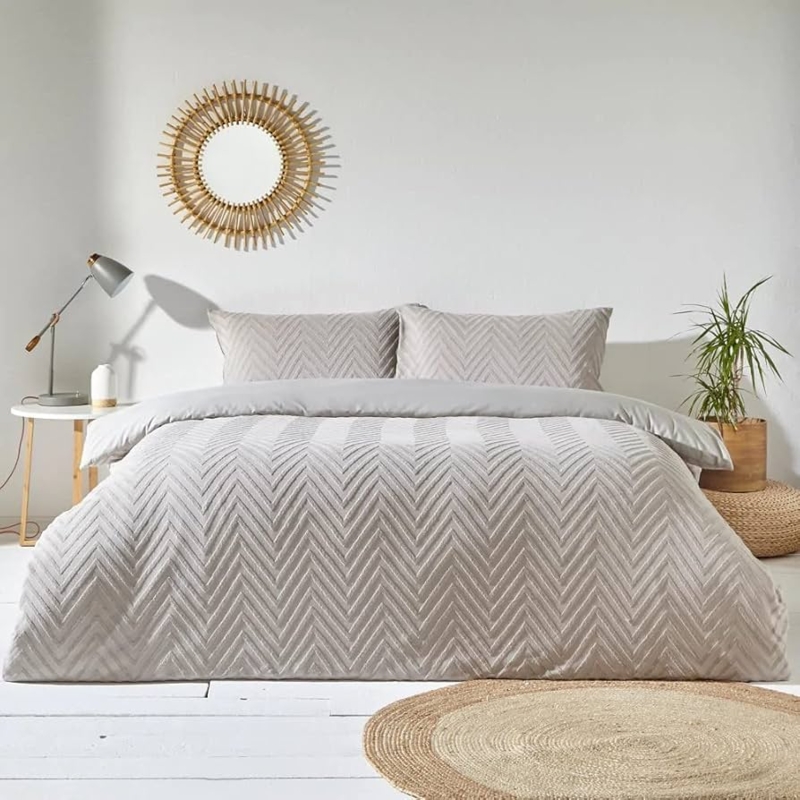 Duvet Cover Set Stone Grey Tufted Chevron Pattern Boho Style