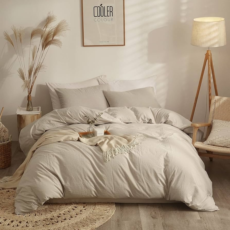 Duvet Cover Set Tan Crinkled Texture Washed Cotton Boho Style
