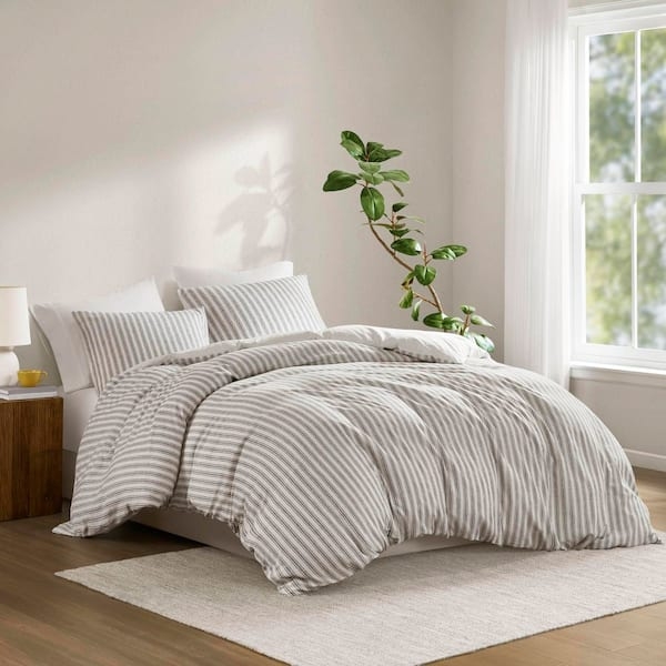 Duvet Cover Set Tan Vertical Stripes Coastal Farmhouse Style