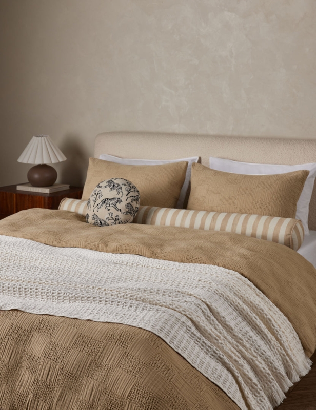 Duvet Cover Set Taupe Puckered Texture Pom Pom Trim Cozy