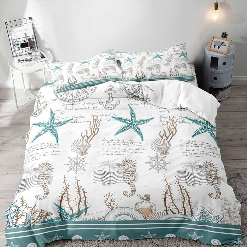 Duvet Cover Set Teal Nautical Motifs Minimalist Bedding Coastal Decor