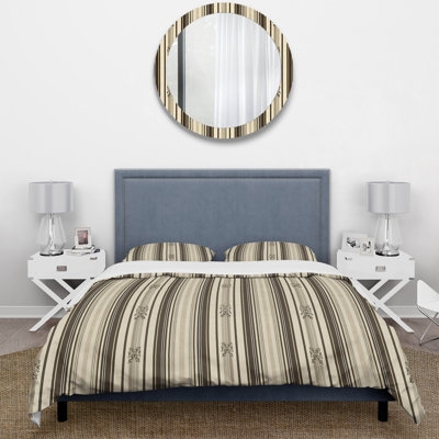 Duvet Cover Set Traditional Wide Striped Pattern Brown White Cozy