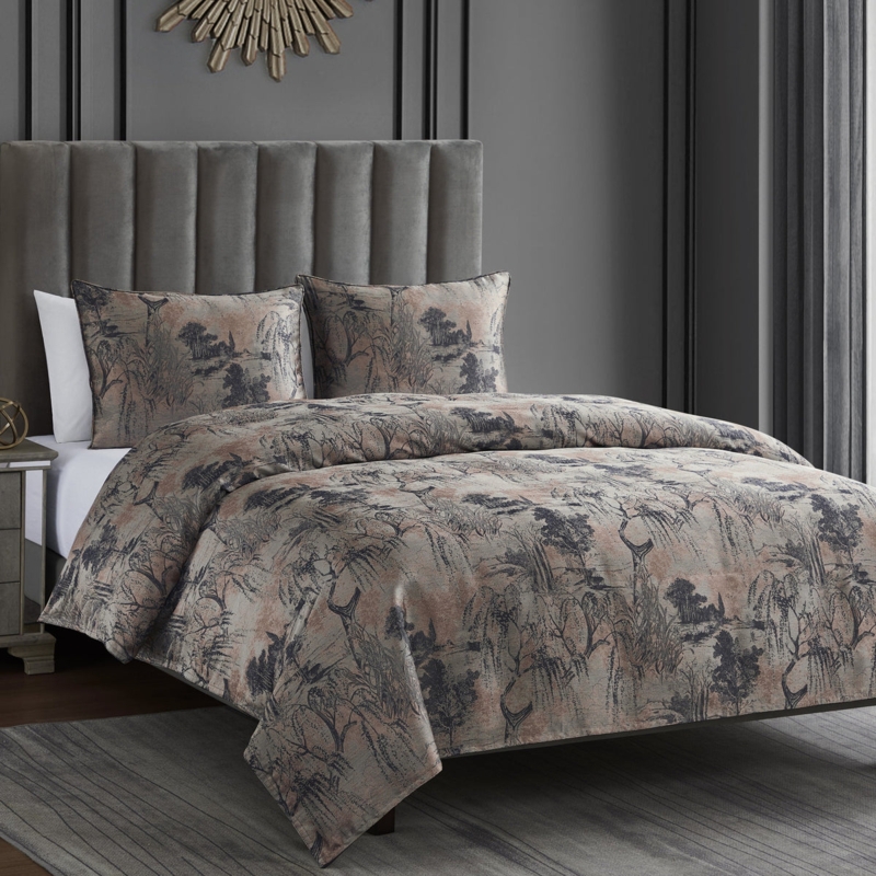 Duvet Cover Set Transitional Silver Pastoral Jacquard Landscape Toile