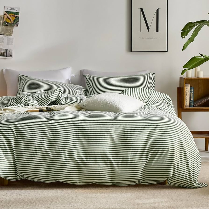 Duvet Cover Set, Vertical Pinstripes, Modern Farmhouse Style, White