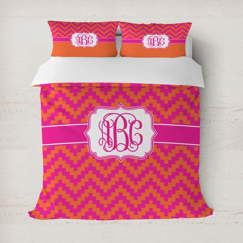 Duvet Cover Set Vibrant Pink and Orange Chevron Geometric Print