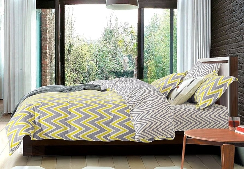 Duvet Cover Set Vibrant Yellow Grey Reversible Chevron 3-Piece