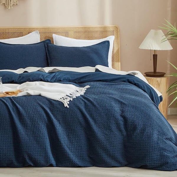Duvet Cover Set: Waffle Weave Texture, Navy Blue Transitional Style.