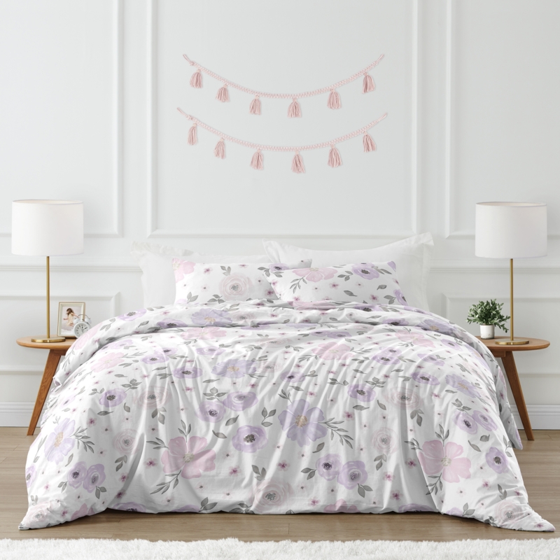 Duvet Cover Set Watercolor Texture Floral Lavender Grey Palette Shabby Chic