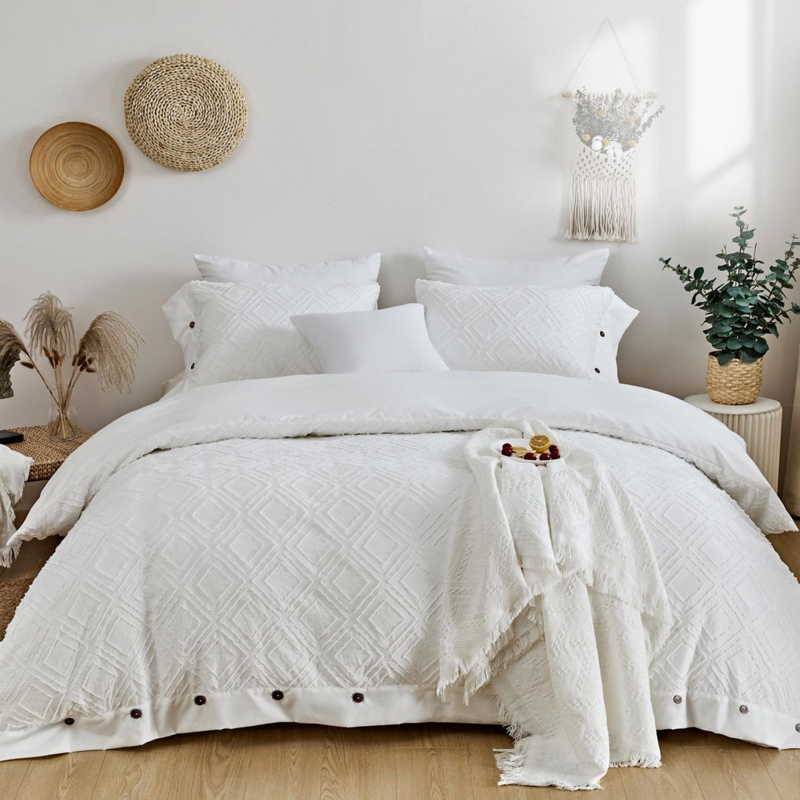 Duvet Cover Set, White Geometric Diamond Tufting, Textured Geometric White Bedding